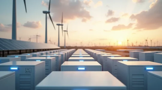 Vue symbolique d'une installation de stockage d'énergie avec éoliennes et panneaux solaires