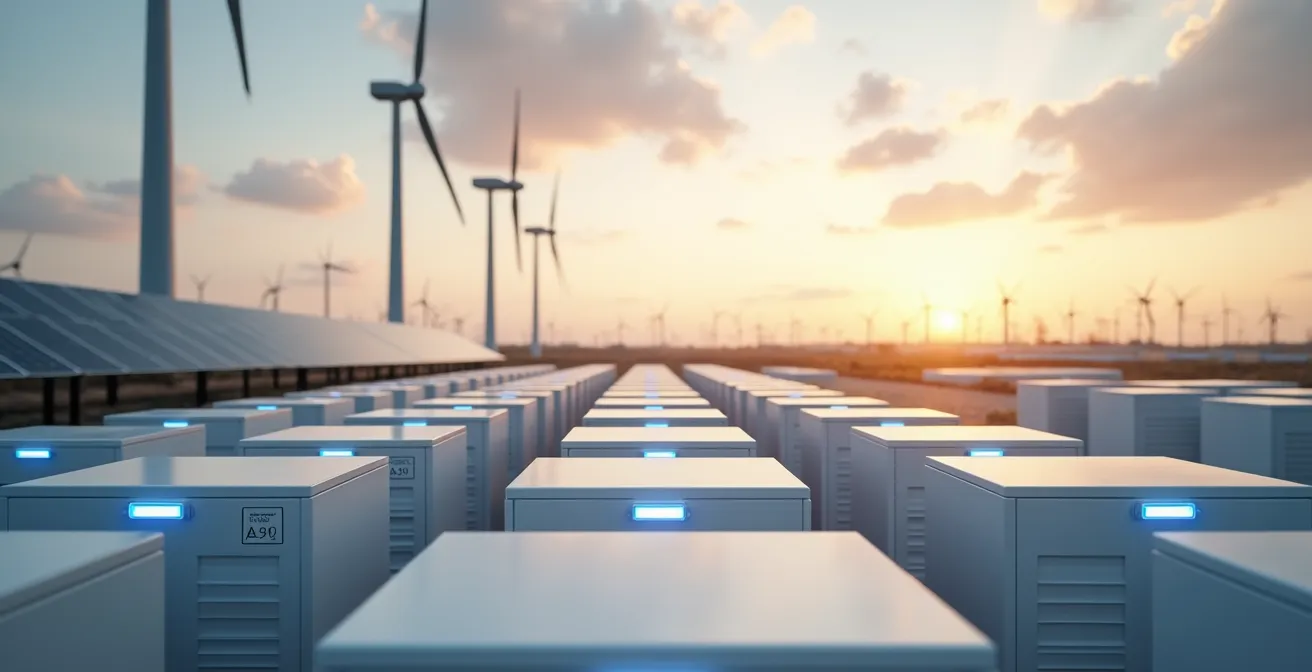 Vue symbolique d'une installation de stockage d'énergie avec éoliennes et panneaux solaires